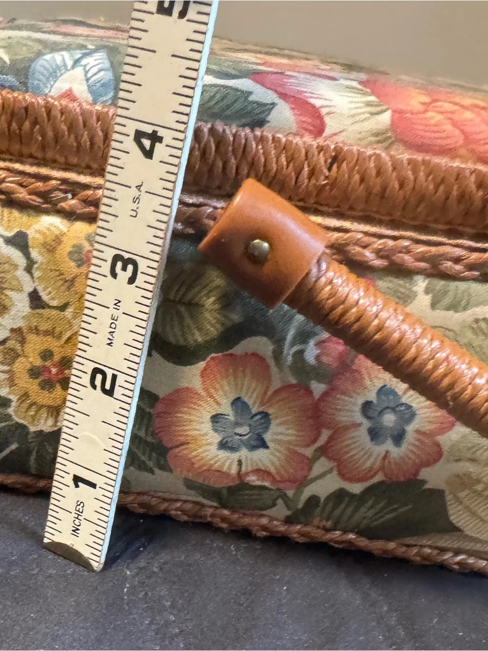 Vintage 90’s Floral Woven Sewing Basket with Bow Accent - Multicolor 8”x7”x4”